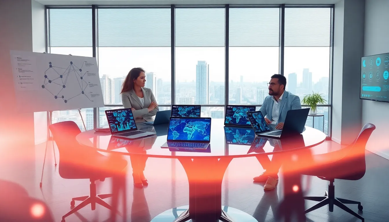diverse team discussing IP addresses in a modern office setting.